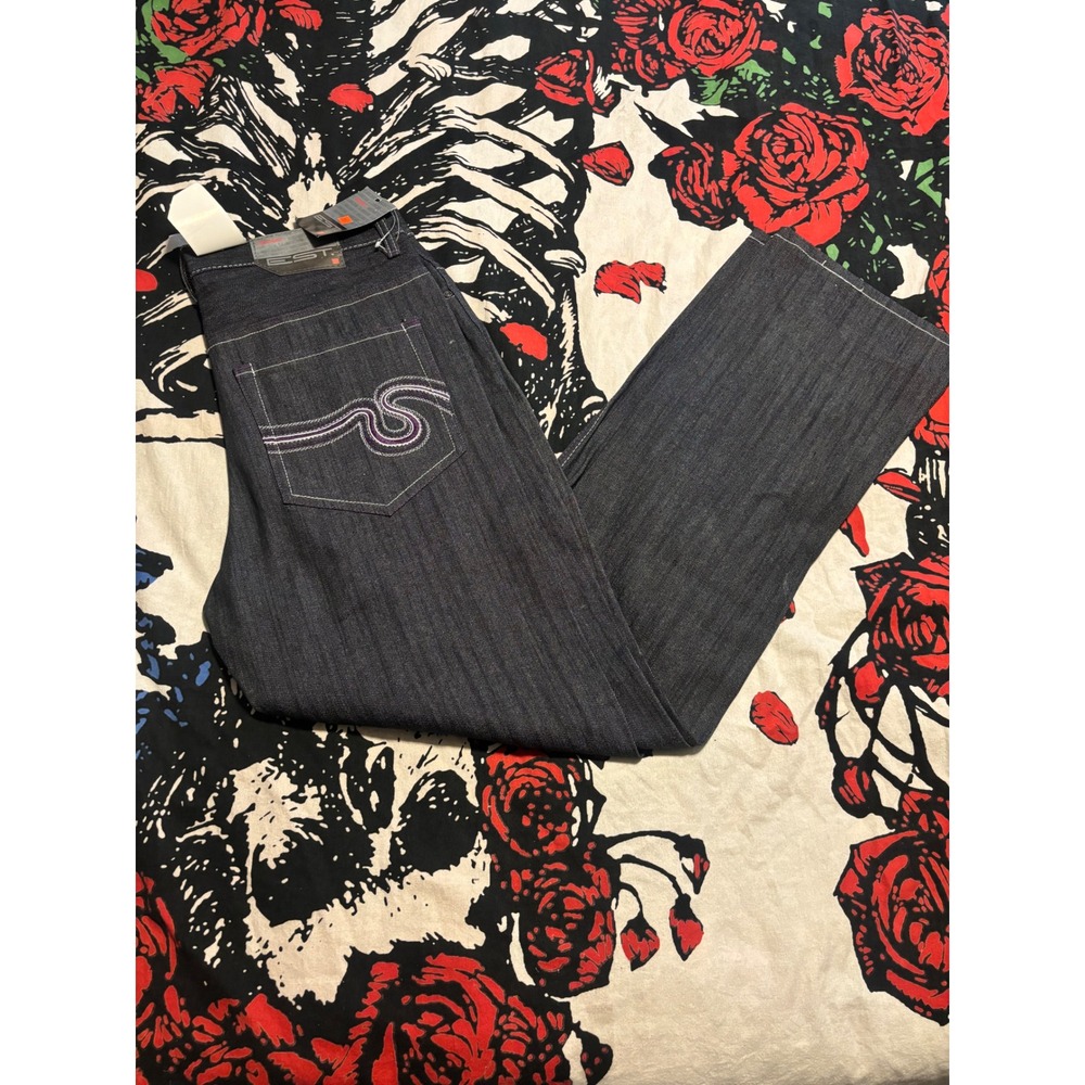 EST. Mens Dark Wash Wide Leg Jeans Purple Stitch Y2K Streetwear 34x34 NWt